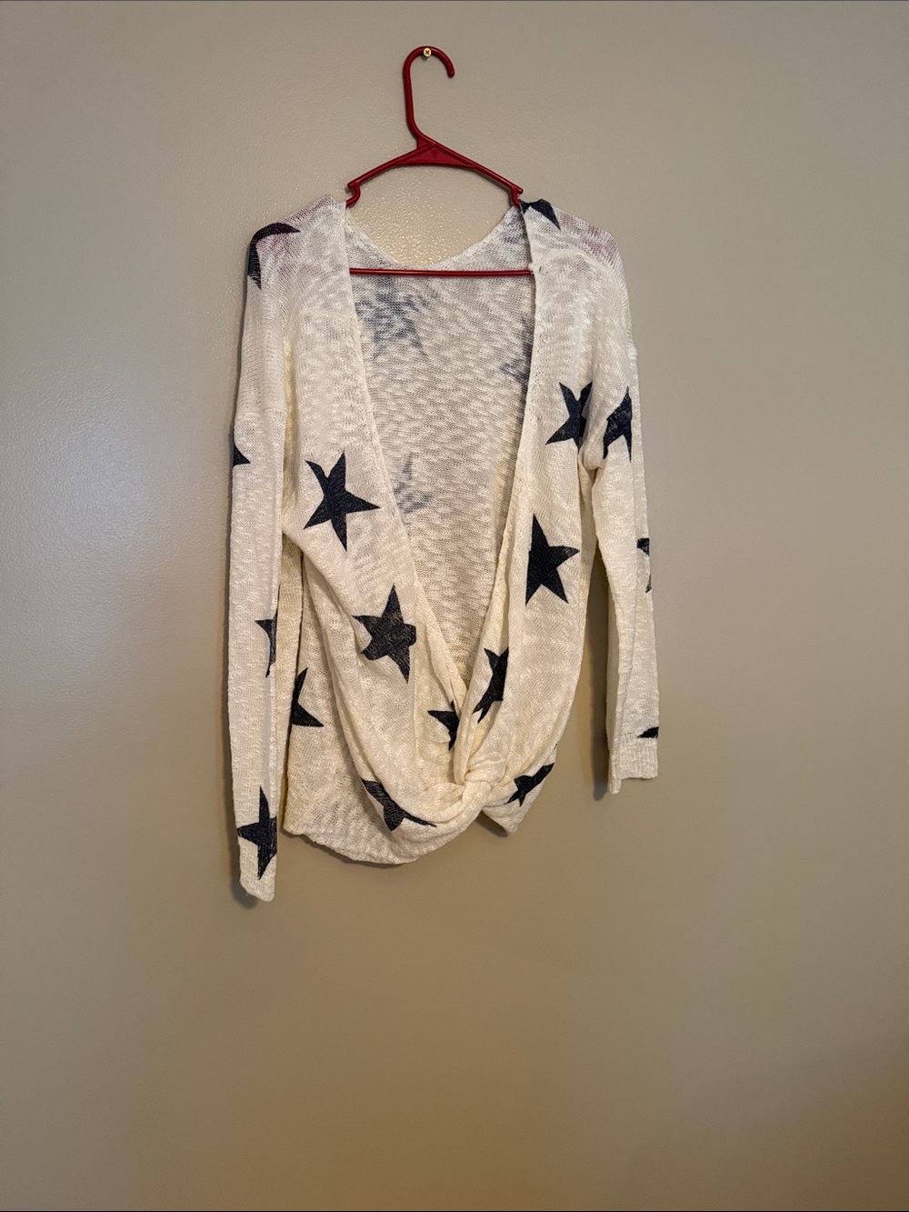 Star-Print Open Front Knit Sweater - Cream with Black Stars